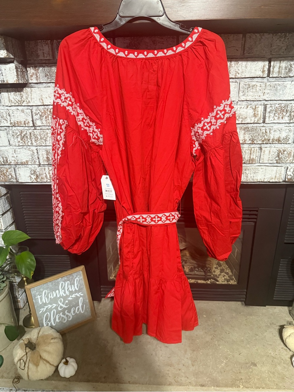 Red Long-Sleeve Embroidered Dress